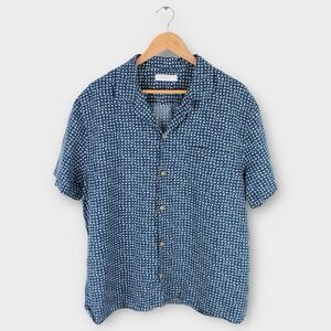 Lucky Brand XL Blue Geometric Dot Button Up Shirt Hemp Cotton Blend Camp Collar